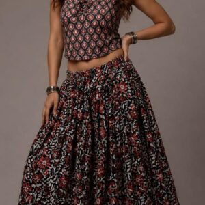 Women's Hand Block Printed Cotton Top & Skirt Set